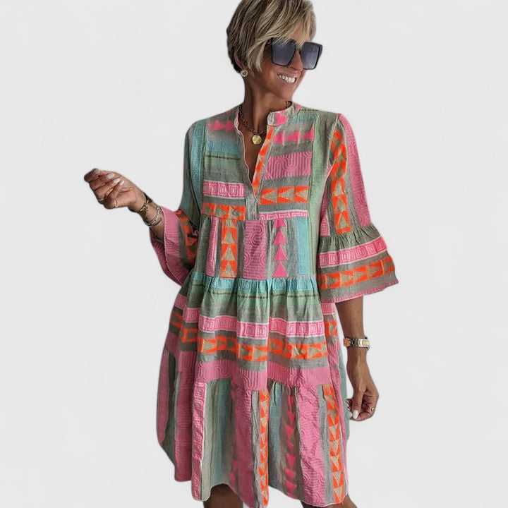Boho Print Loose Fit Mini Dress Three Quarter Sleeve
