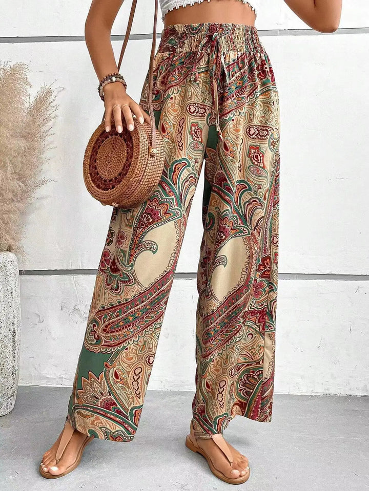 Paisley Print Smocked Waist Wide Leg Pants Women - Boho Style
