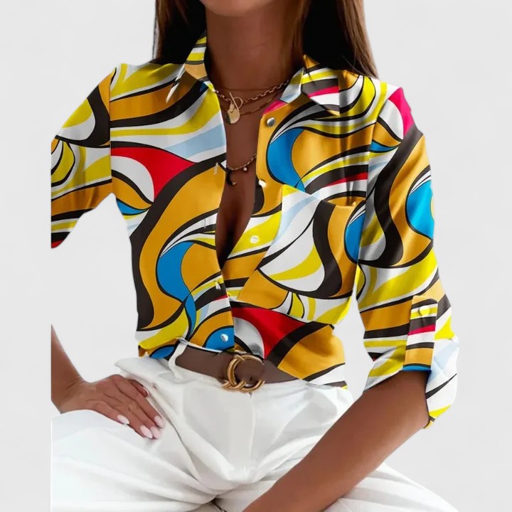 Geometric Maze Print Satin Button Down Blouse Women