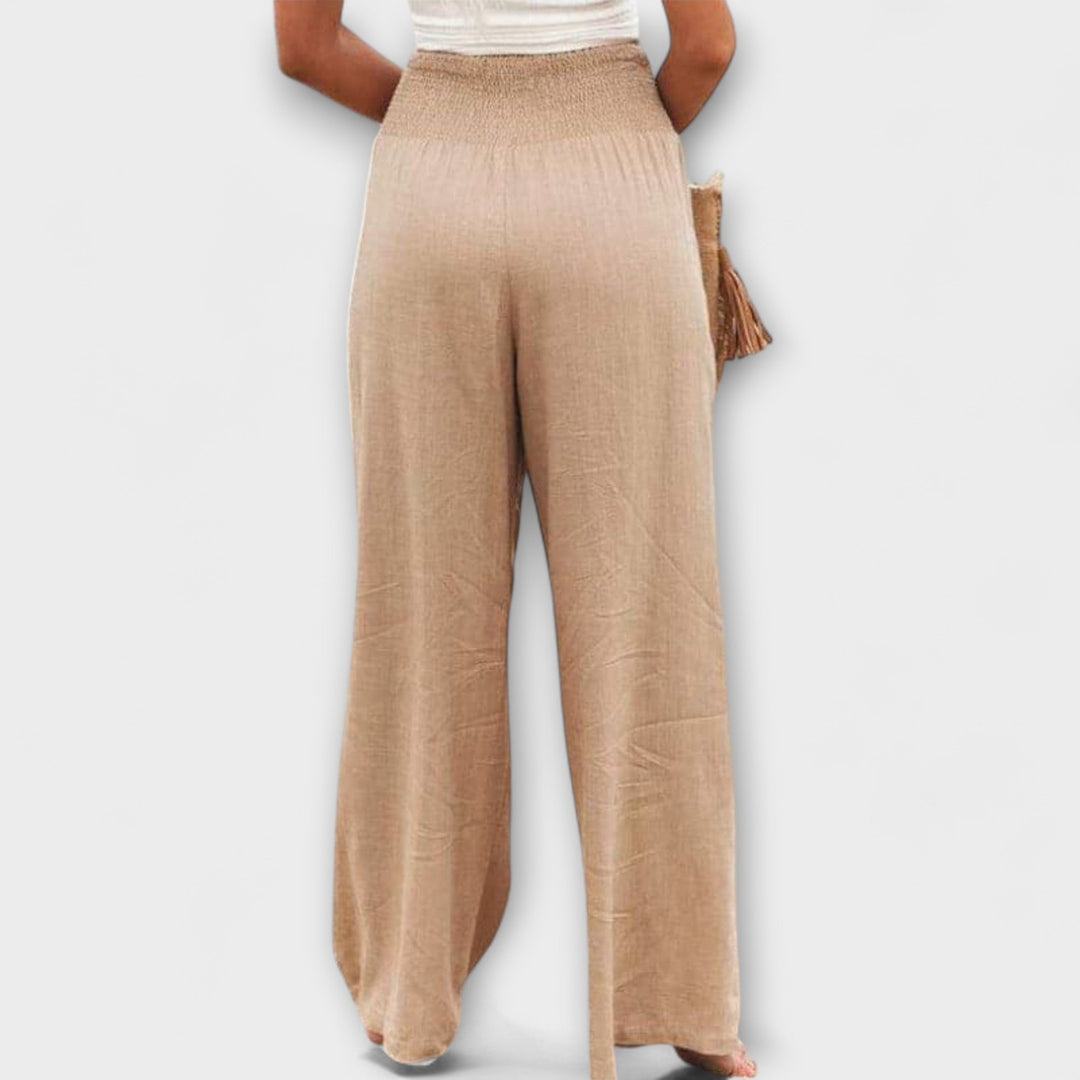 Smocked Waist Linen Wide Leg Pants Women - Casual Boho