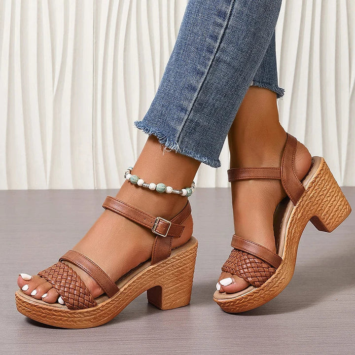 Woven Toe Band Ankle Buckle Textured Block Heel Platform Sandal