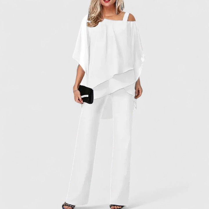 Asymmetric Chiffon Overlay Wide Leg Trouser Set Women