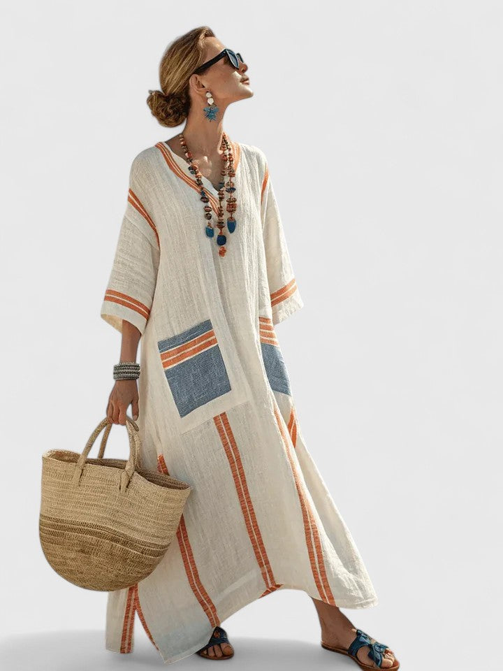 Women's Striped Linen Maxi Dress Casual Beach Summer