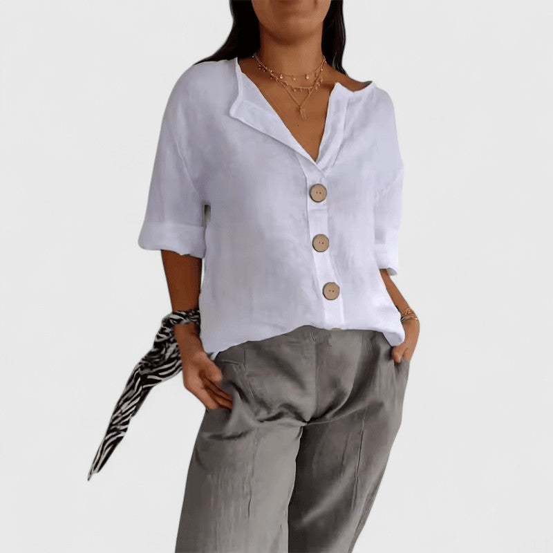 V Neck Button Down Linen Blouse Women