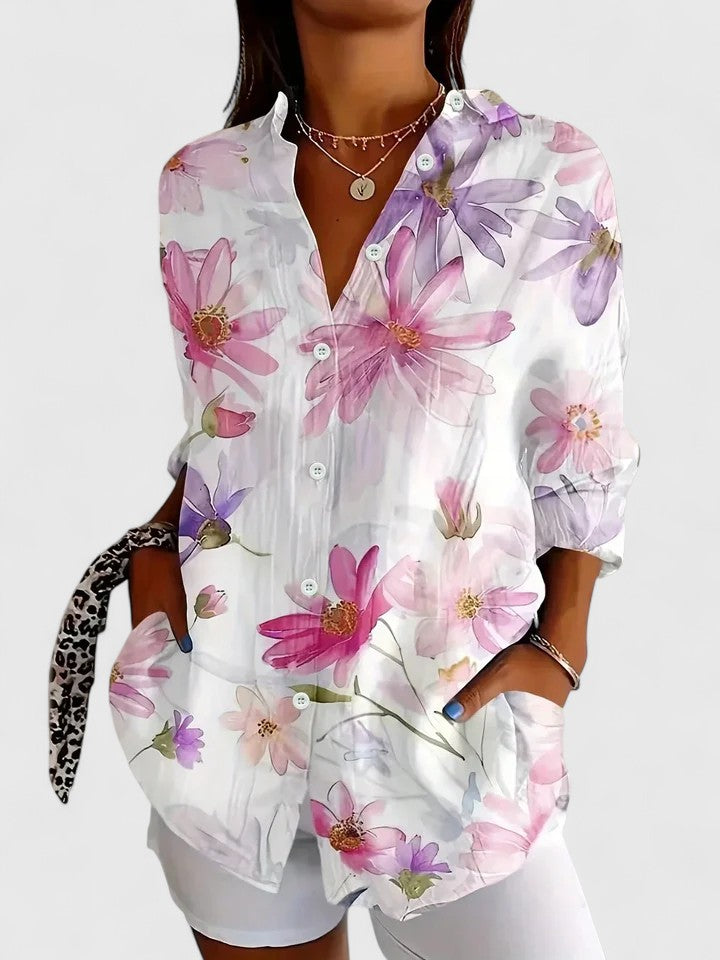 Painterly Floral Print Long Sleeve Casual Blouse Women