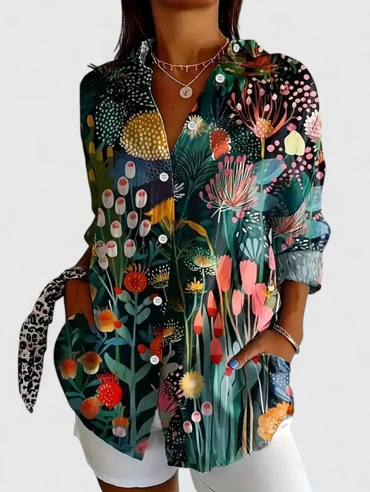 Painterly Floral Print Long Sleeve Casual Blouse Women