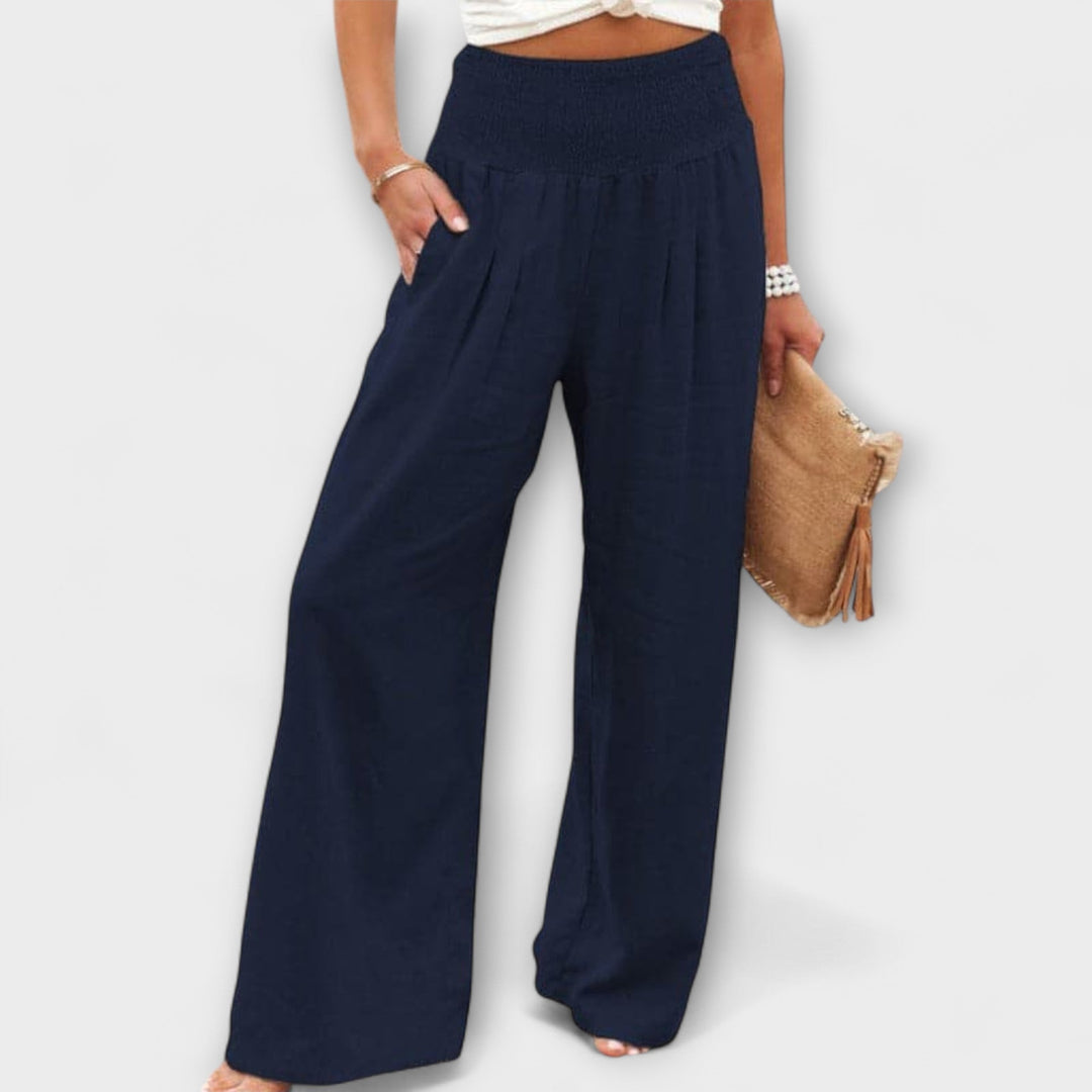 Smocked Waist Linen Wide Leg Pants Women - Casual Boho