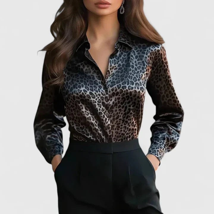 Leopard Print Satin Long Sleeve Blouse Women