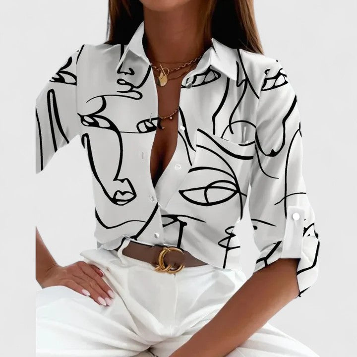 Geometric Maze Print Satin Button Down Blouse Women