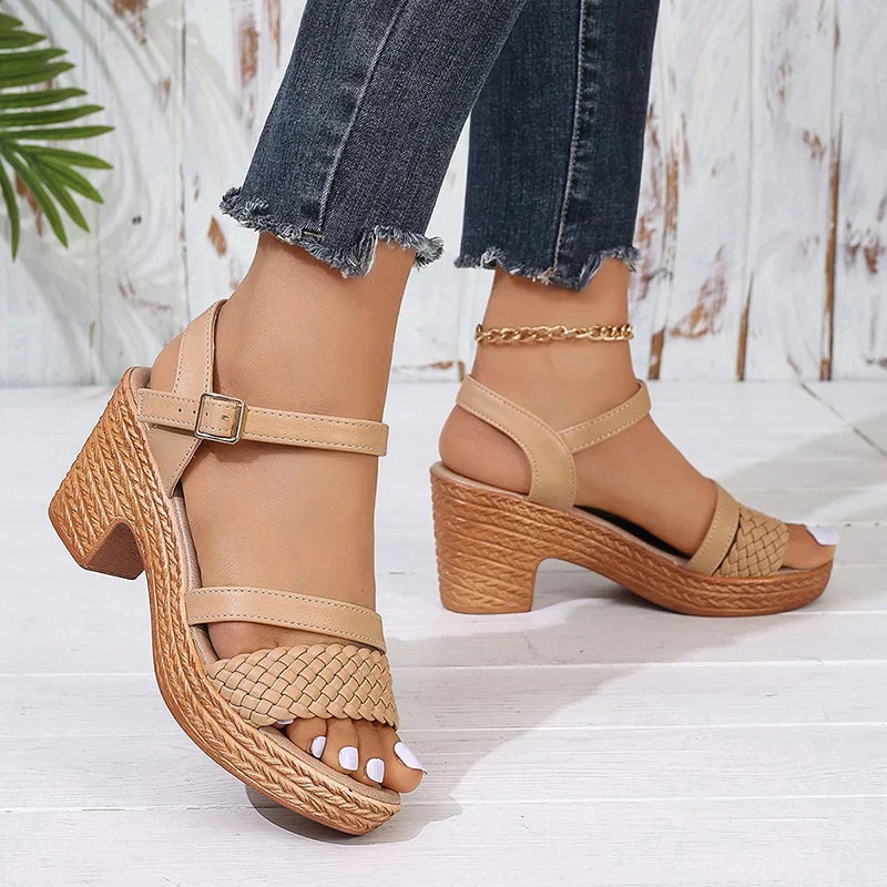 Woven Toe Band Ankle Buckle Textured Block Heel Platform Sandal