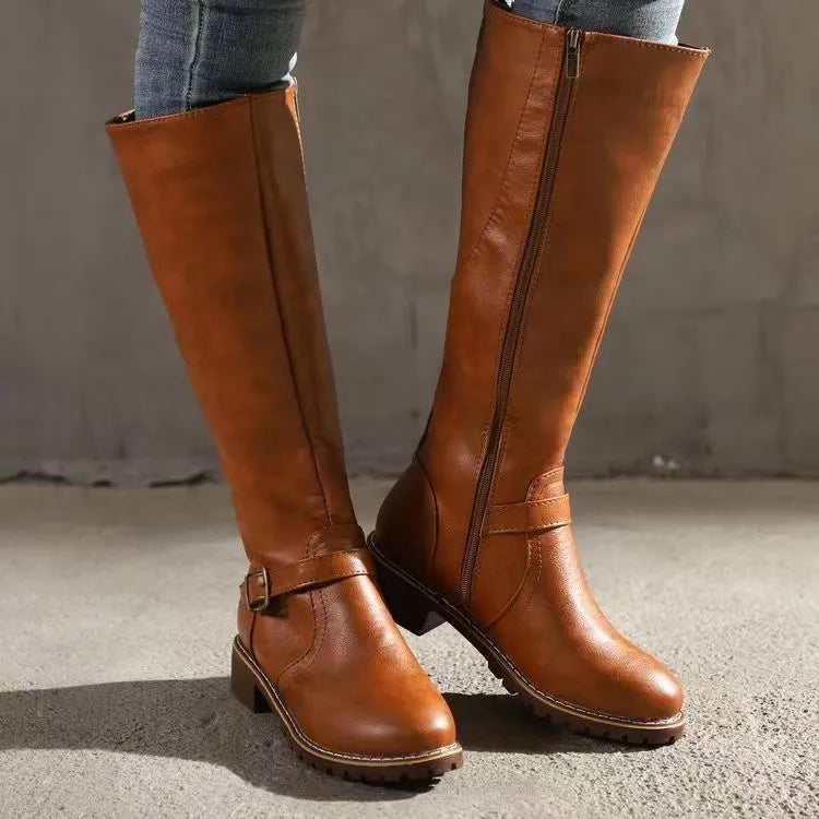 Winona | Women's Brown Knee High Buckle Riding Boots