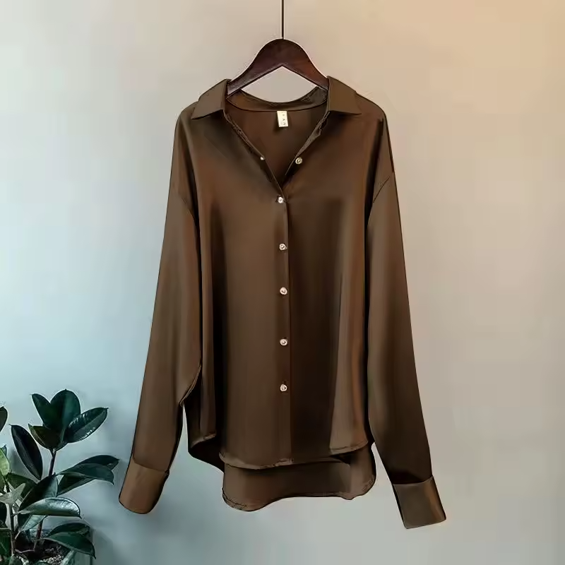 Satin Oversized Long Sleeve Button Down Relaxed Dressy Blouse