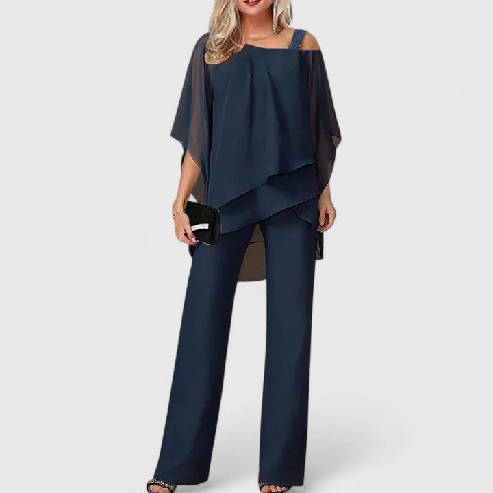 Asymmetric Chiffon Overlay Wide Leg Trouser Set Women