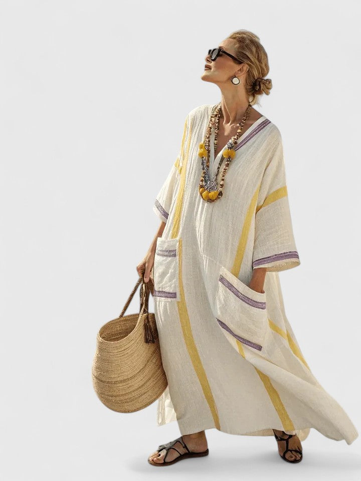 Women's Striped Linen Maxi Dress Casual Beach Summer