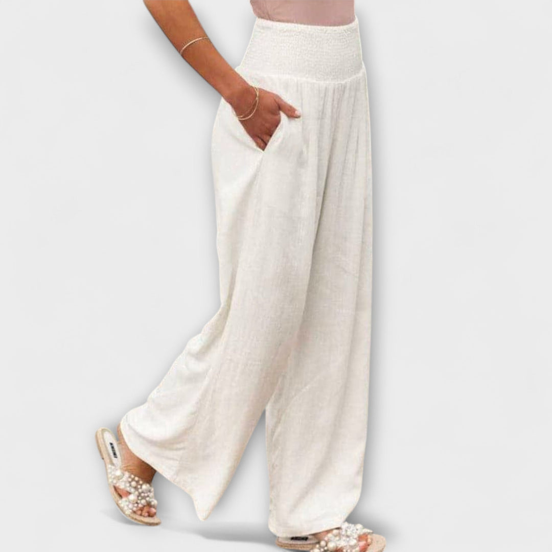 Smocked Waist Linen Wide Leg Pants Women - Casual Boho