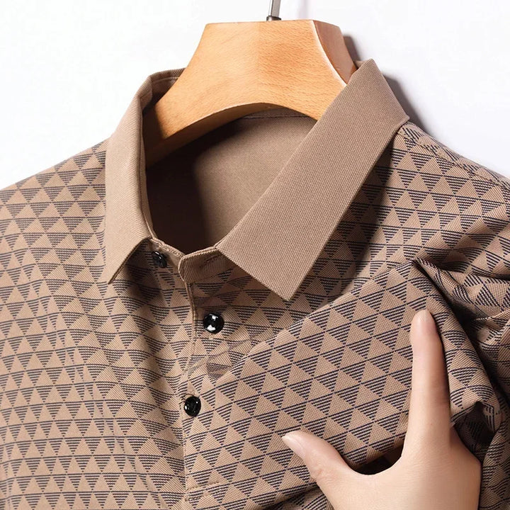 Geometric Triangle Print Contrast Collar Short Sleeve Slim Fit Polo Shirt