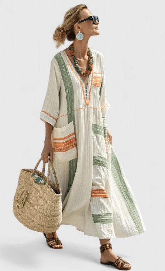 Women's Striped Linen Maxi Dress Casual Beach Summer