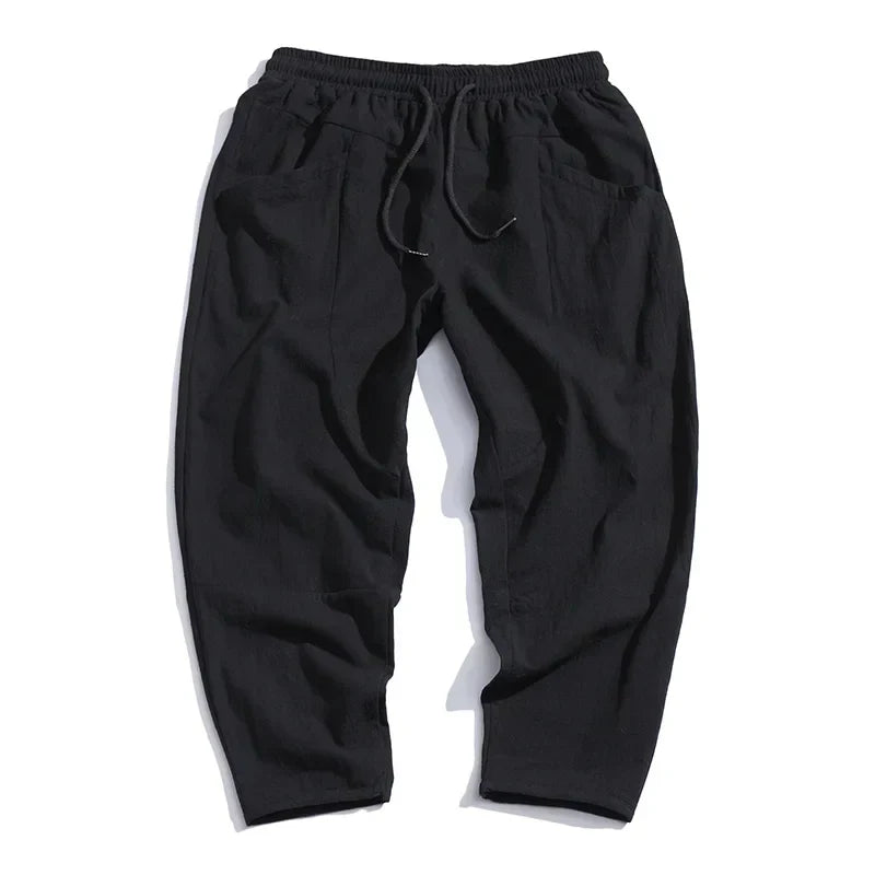 Drawstring Linen Tapered Mens Casual Trousers - Cropped Fit