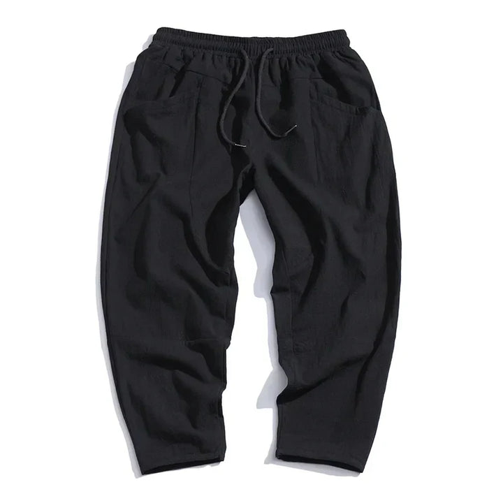 Drawstring Linen Tapered Mens Casual Trousers - Cropped Fit
