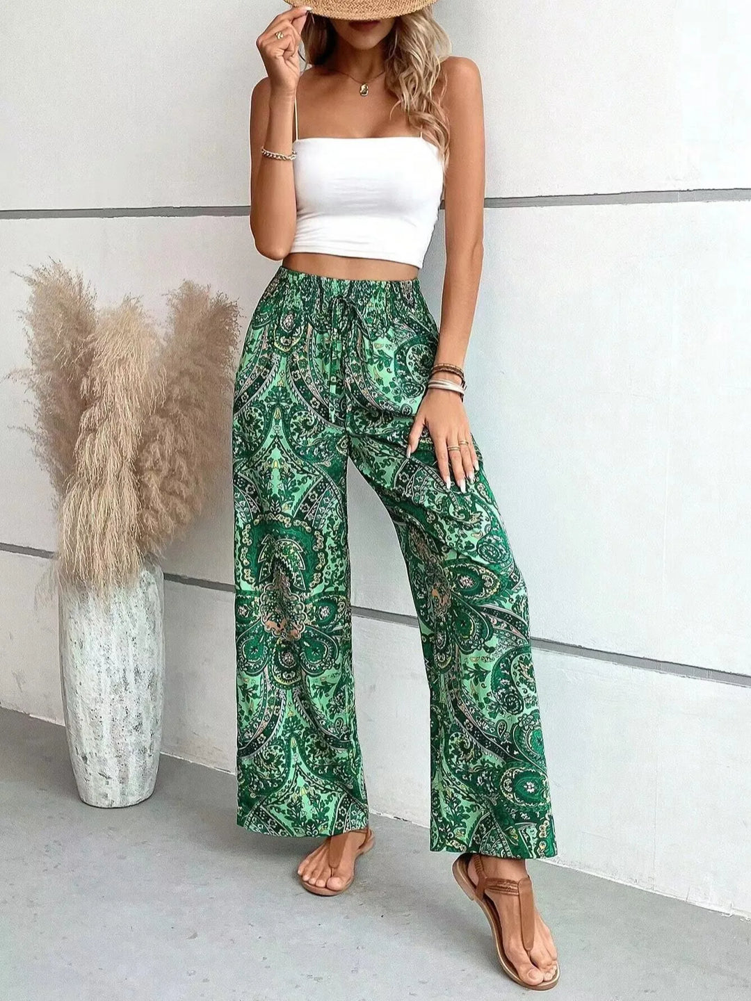 Paisley Print Smocked Waist Wide Leg Pants Women - Boho Style