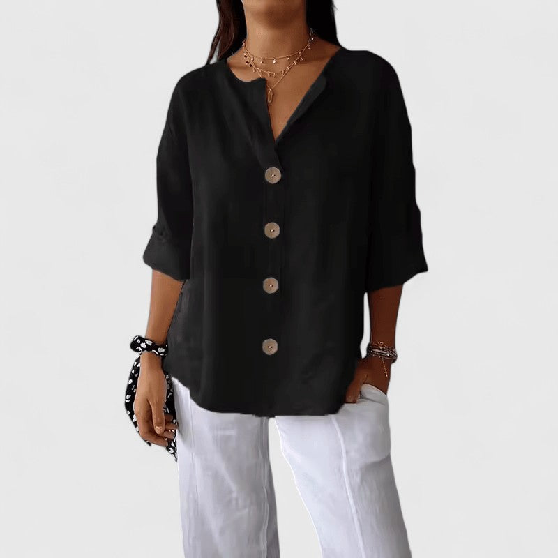 V Neck Button Down Linen Blouse Women