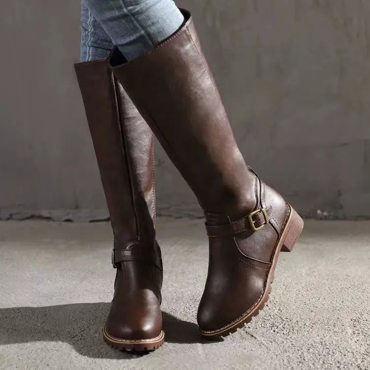 Winona | Women's Brown Knee High Buckle Riding Boots