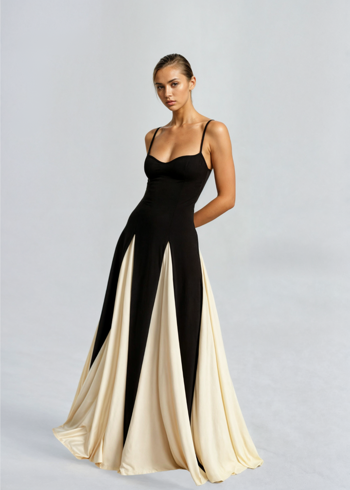 Spaghetti Strap Contrast Panel Maxi Dress Elegant
