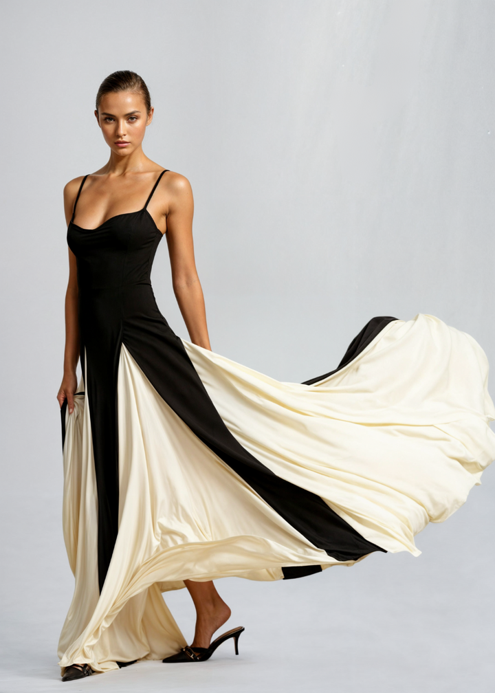 Spaghetti Strap Contrast Panel Maxi Dress Elegant