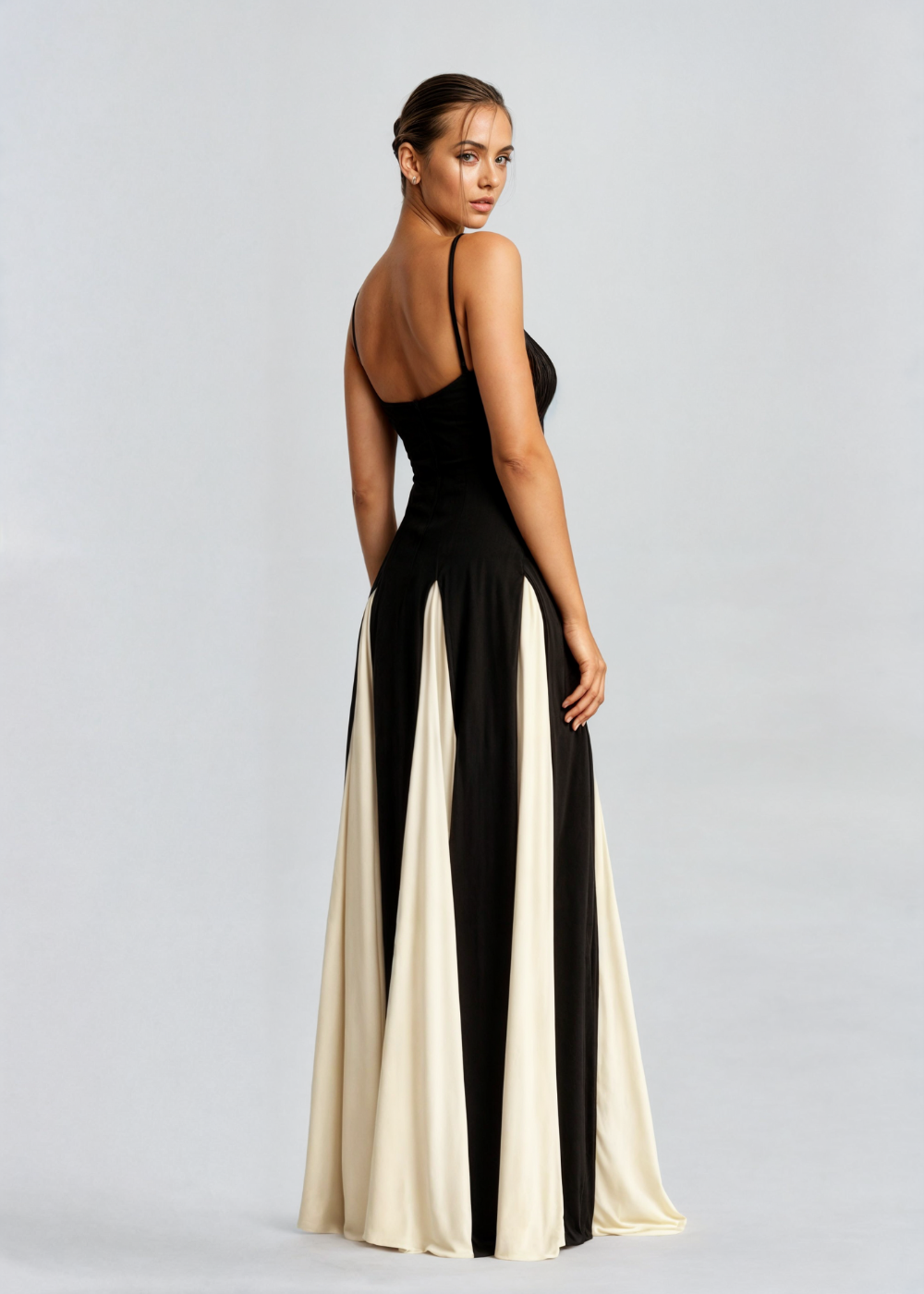 Spaghetti Strap Contrast Panel Maxi Dress Elegant