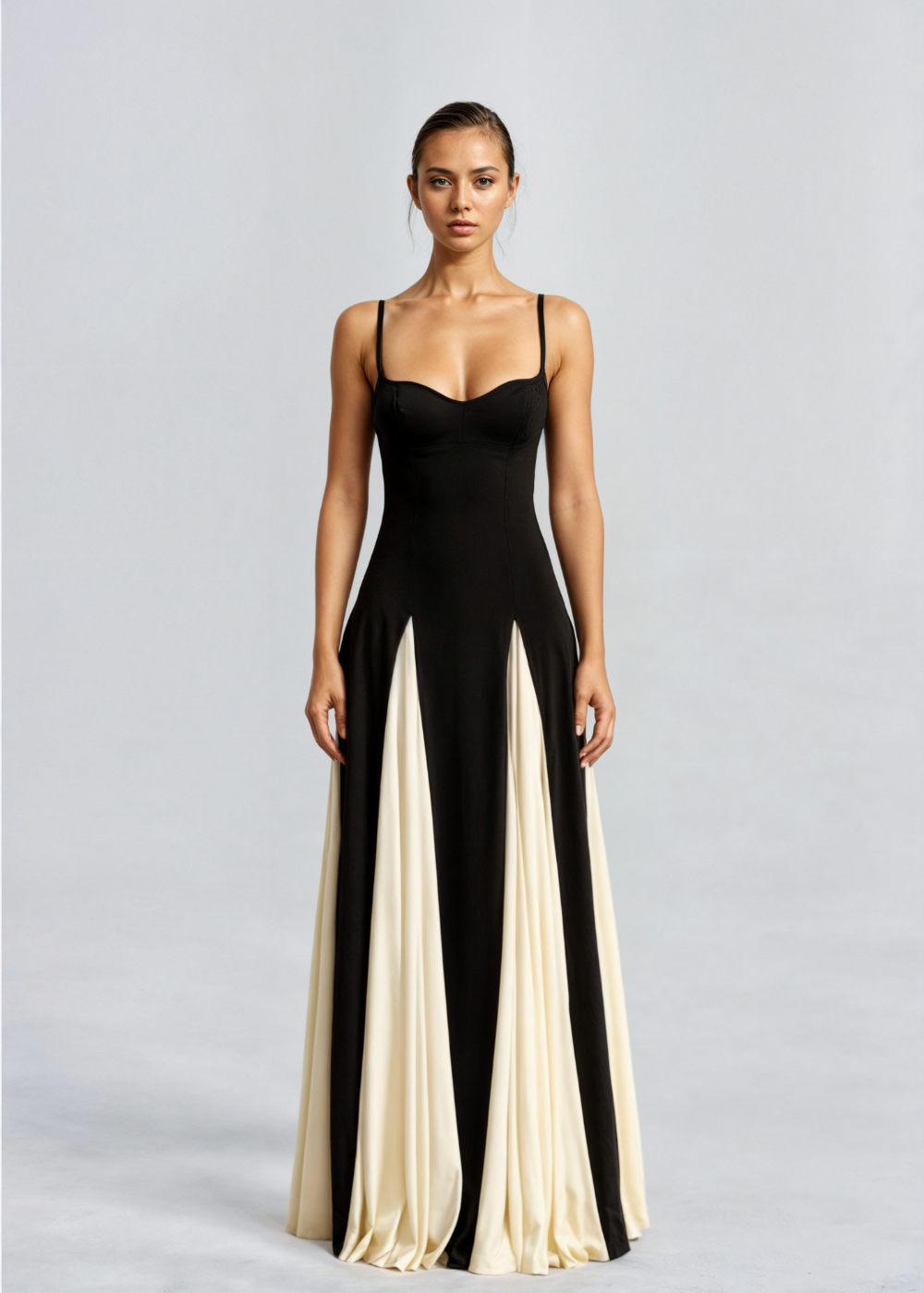 Spaghetti Strap Contrast Panel Maxi Dress Elegant