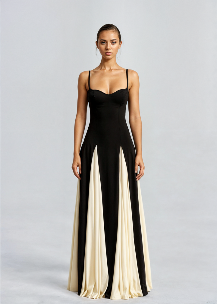 Spaghetti Strap Contrast Panel Maxi Dress Elegant