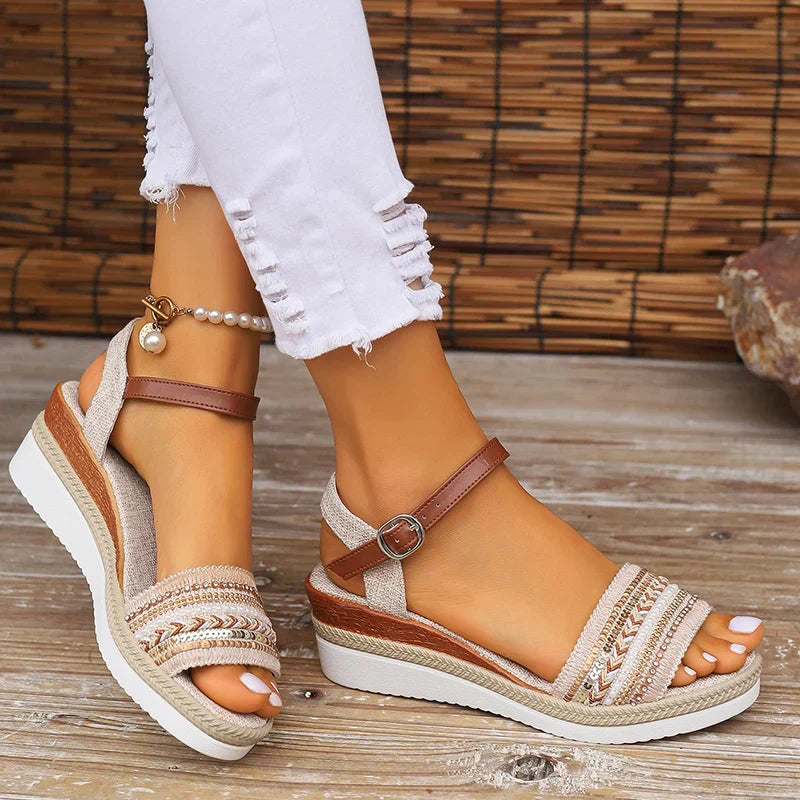 Tribal Beaded Toe Strap Contrast Buckle Espadrille Wedge Sandal
