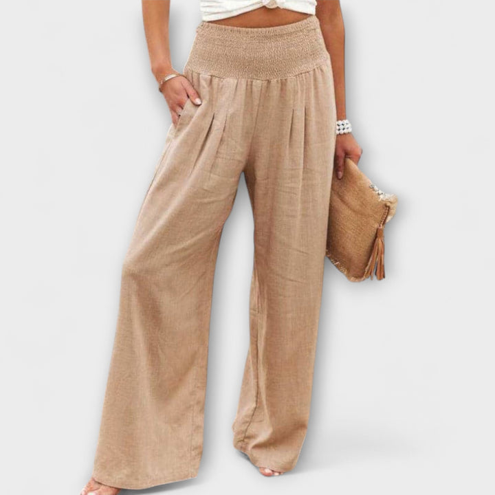 Smocked Waist Linen Wide Leg Pants Women - Casual Boho