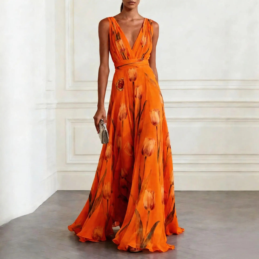 Floral Tulip Print V Neck Chiffon Maxi Dress - Wedding Guest