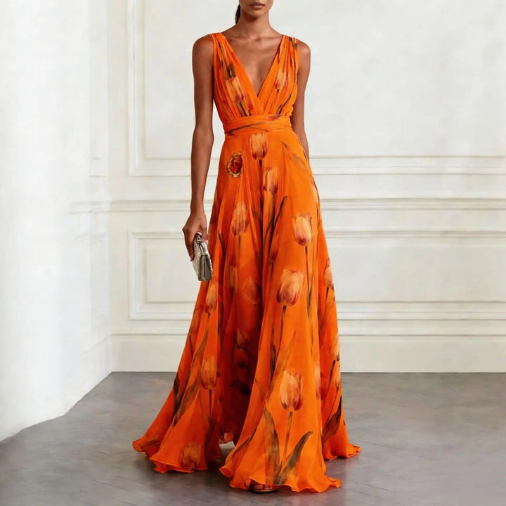 Floral Tulip Print V Neck Chiffon Maxi Dress - Wedding Guest