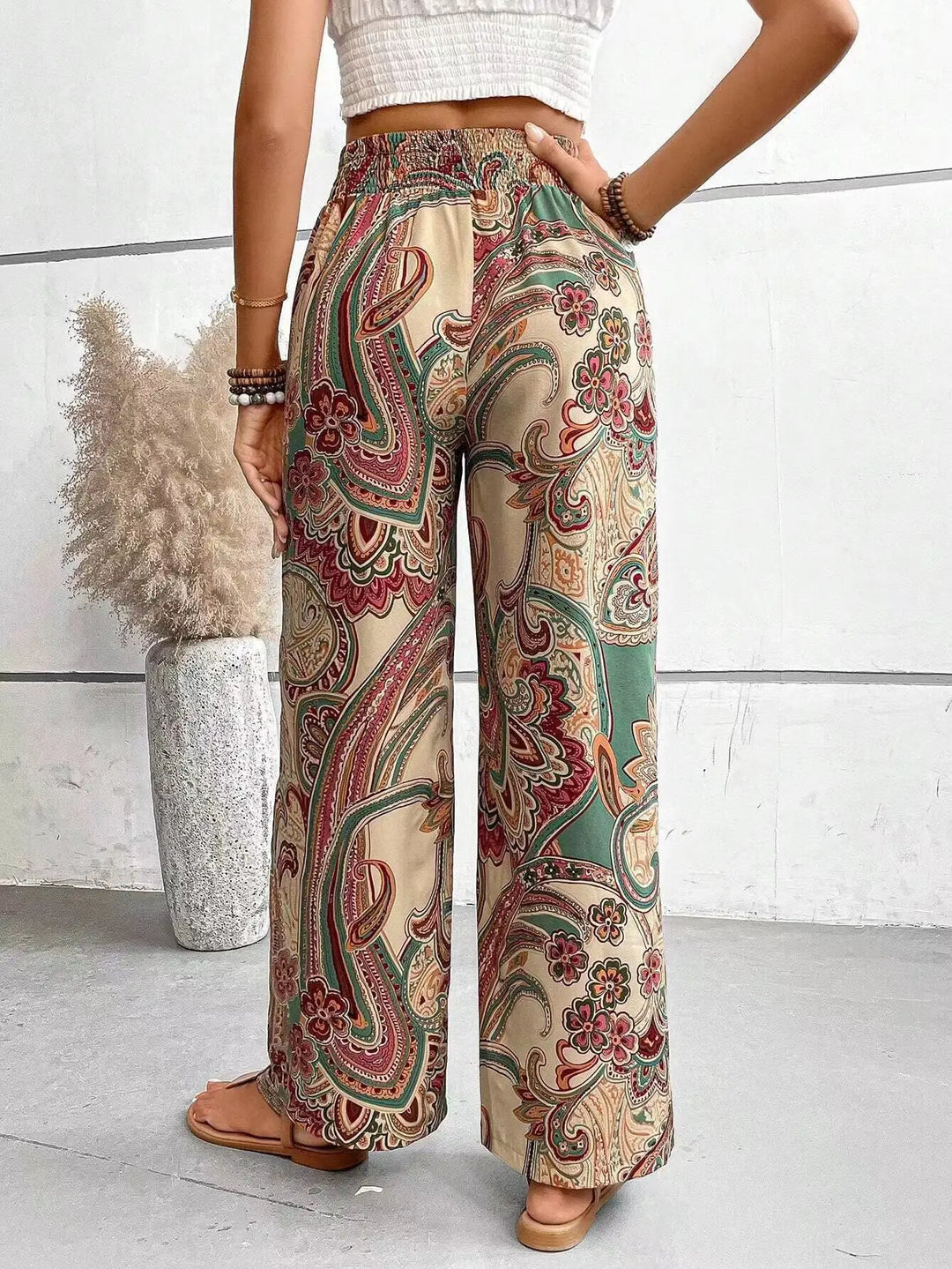 Paisley Print Smocked Waist Wide Leg Pants Women - Boho Style