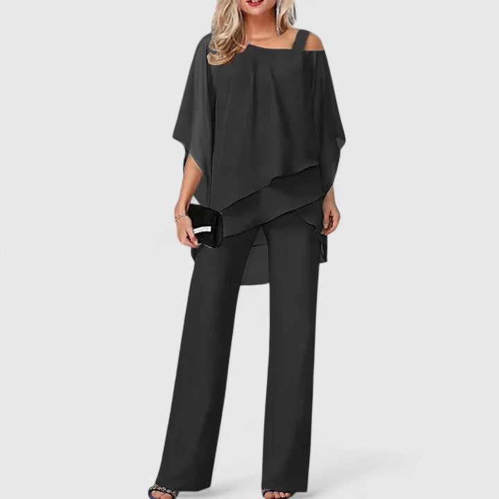 Asymmetric Chiffon Overlay Wide Leg Trouser Set Women