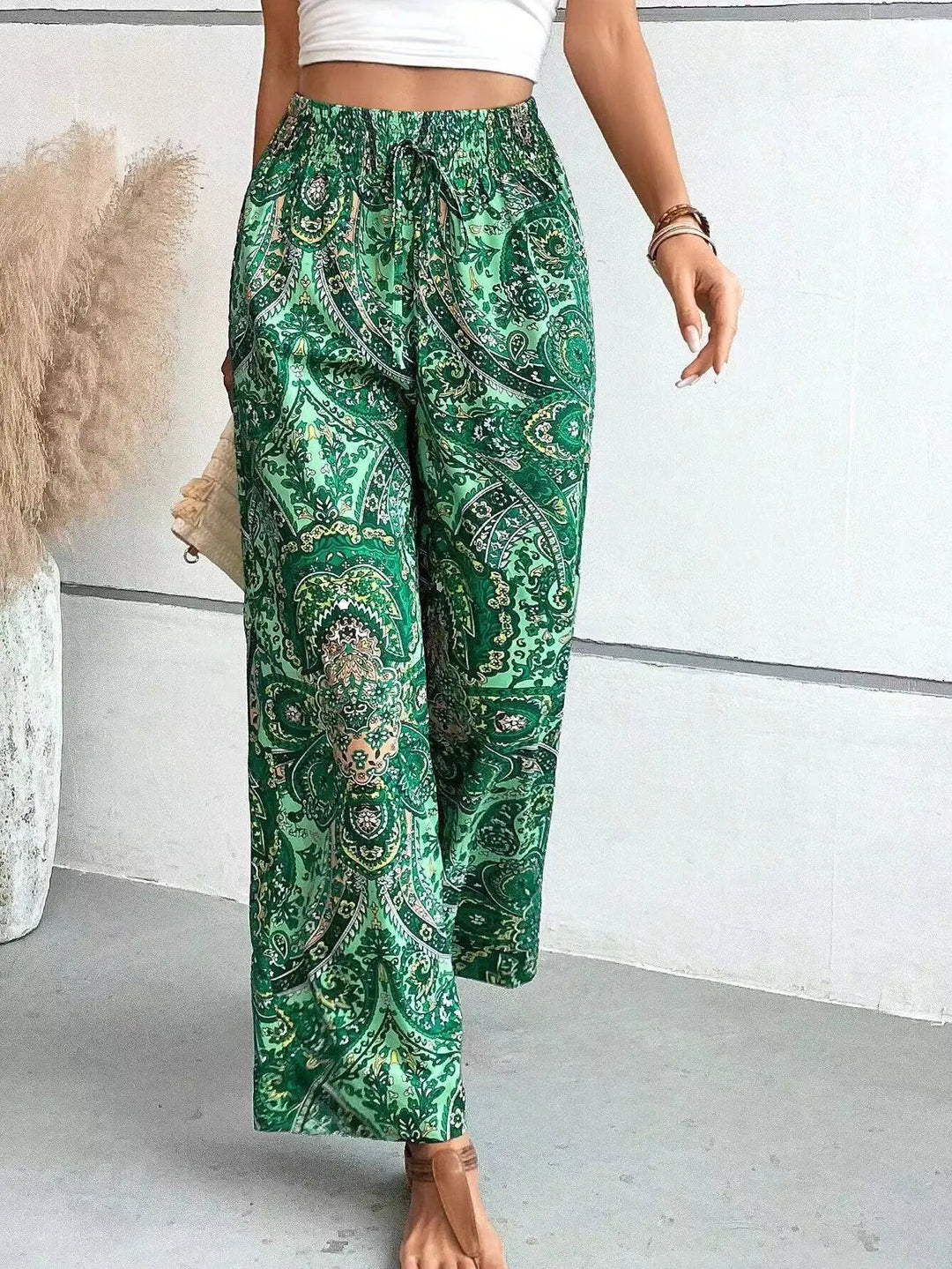 Paisley Print Smocked Waist Wide Leg Pants Women - Boho Style