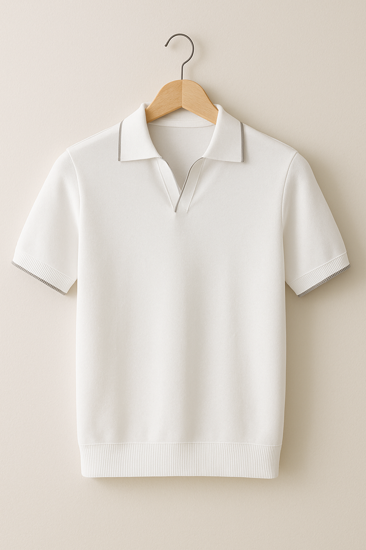 Contrast Tipped Collar Open Neck Slim Fit Knit Polo Shirt