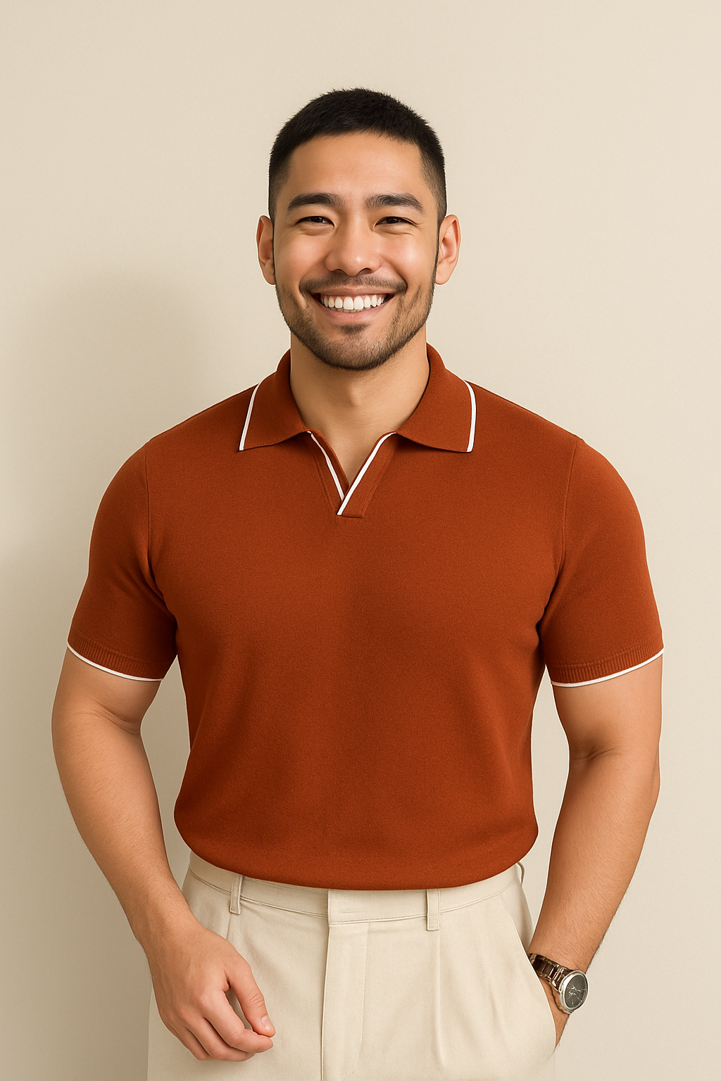 Contrast Tipped Collar Open Neck Slim Fit Knit Polo Shirt