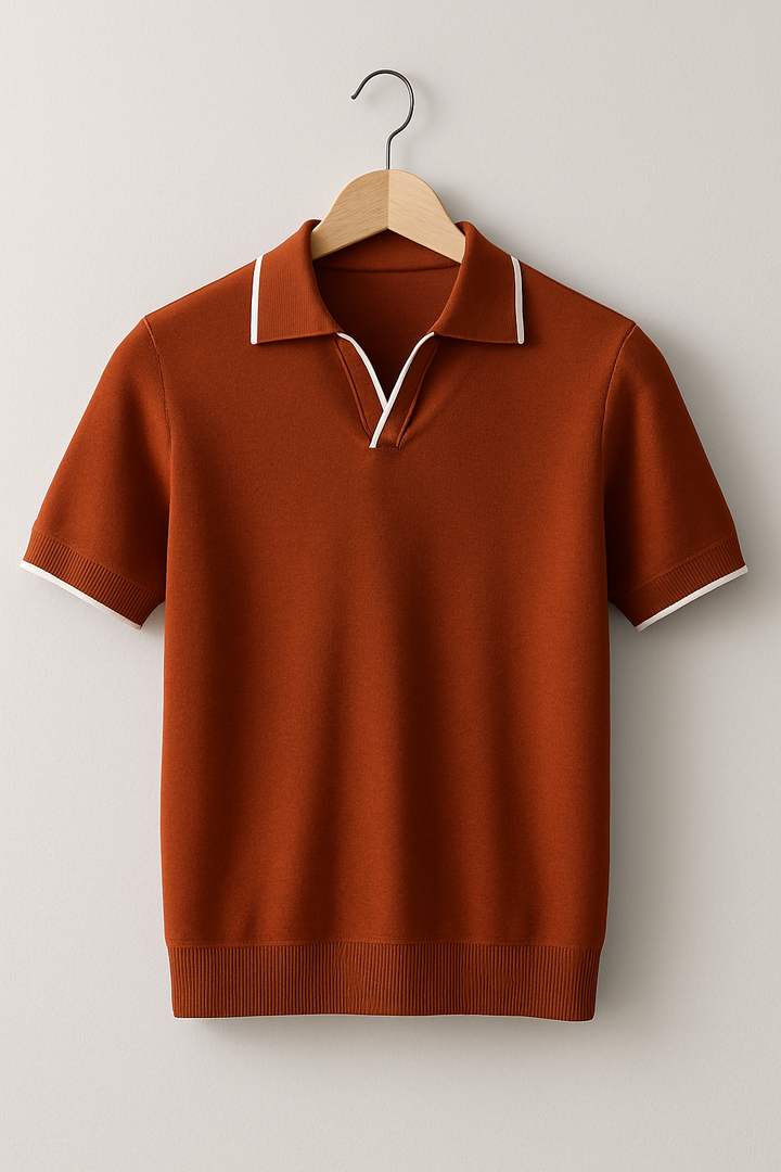 Contrast Tipped Collar Open Neck Slim Fit Knit Polo Shirt