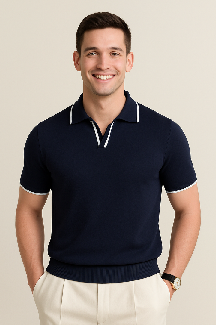 Contrast Tipped Collar Open Neck Slim Fit Knit Polo Shirt
