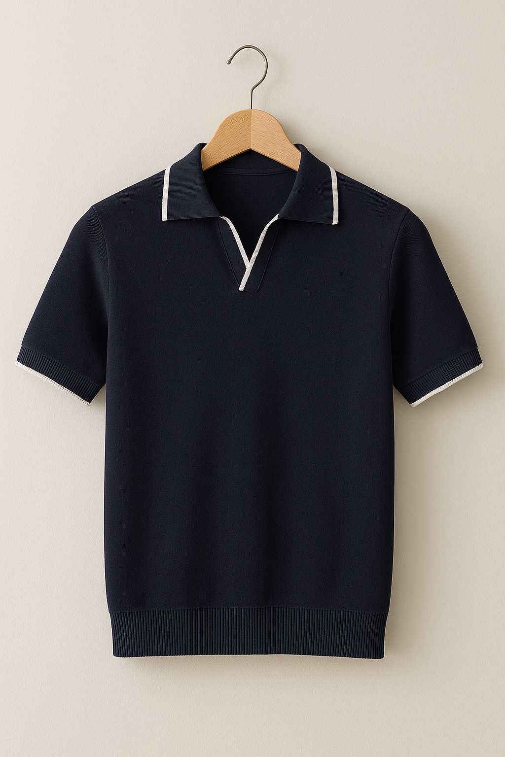 Contrast Tipped Collar Open Neck Slim Fit Knit Polo Shirt