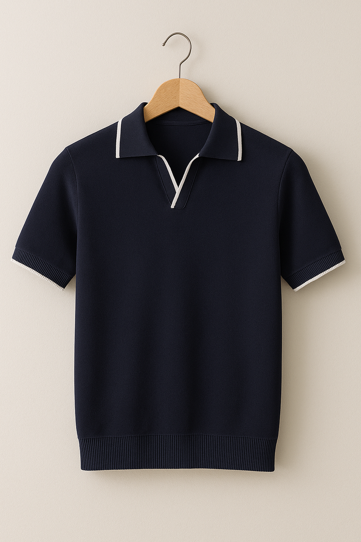 Contrast Tipped Collar Open Neck Slim Fit Knit Polo Shirt