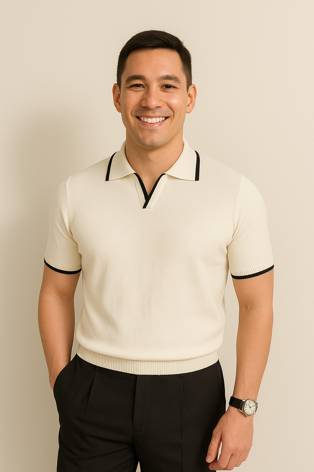 Contrast Tipped Collar Open Neck Slim Fit Knit Polo Shirt