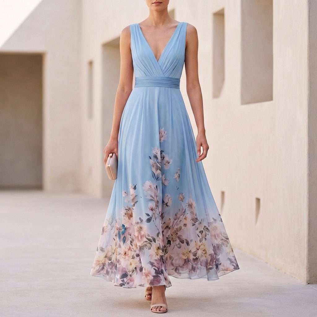 Women's Floral Chiffon Maxi Dress V Neck Sleeveless Wedding Guest