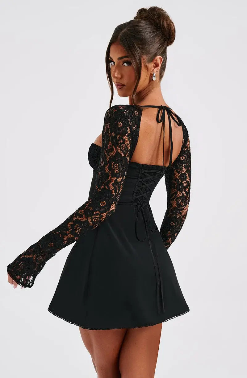 Lace Sleeve Sweetheart Bodycon Mini Dress - Party Evening