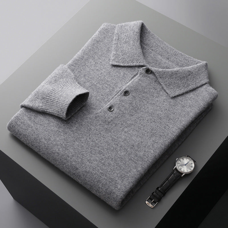 Textured Collar Button Placket Ribbed Cuff Long Sleeve Knit Polo