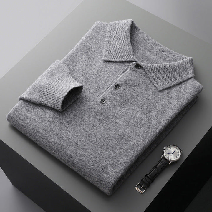 Textured Collar Button Placket Ribbed Cuff Long Sleeve Knit Polo