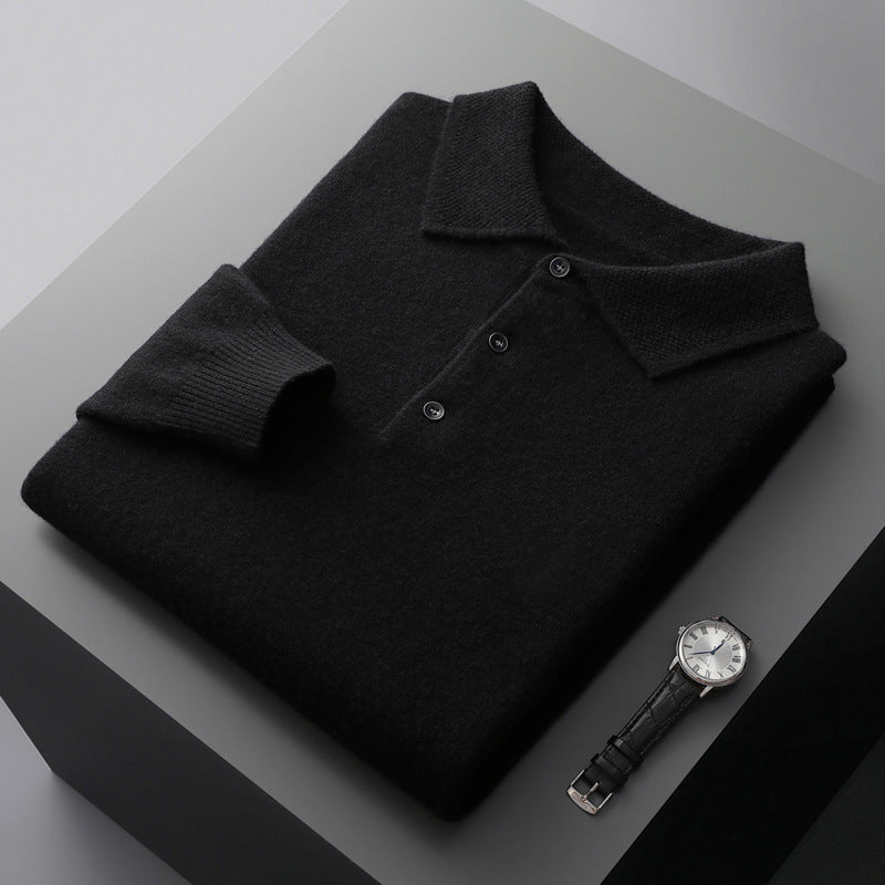 Textured Collar Button Placket Ribbed Cuff Long Sleeve Knit Polo